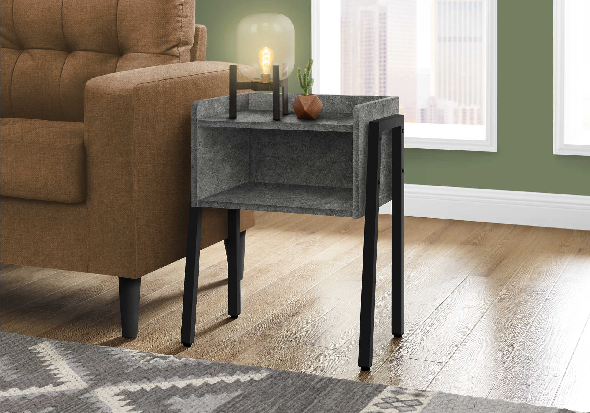 ACCENT TABLE - 23"H / GREY STONE-LOOK / BLACK METAL