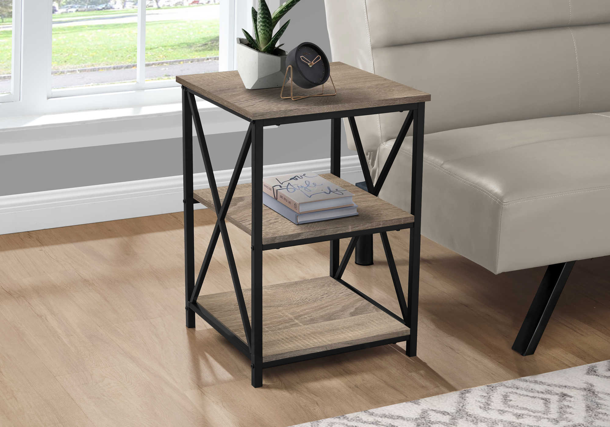 ACCENT TABLE - 26"H / DARK TAUPE / BLACK METAL