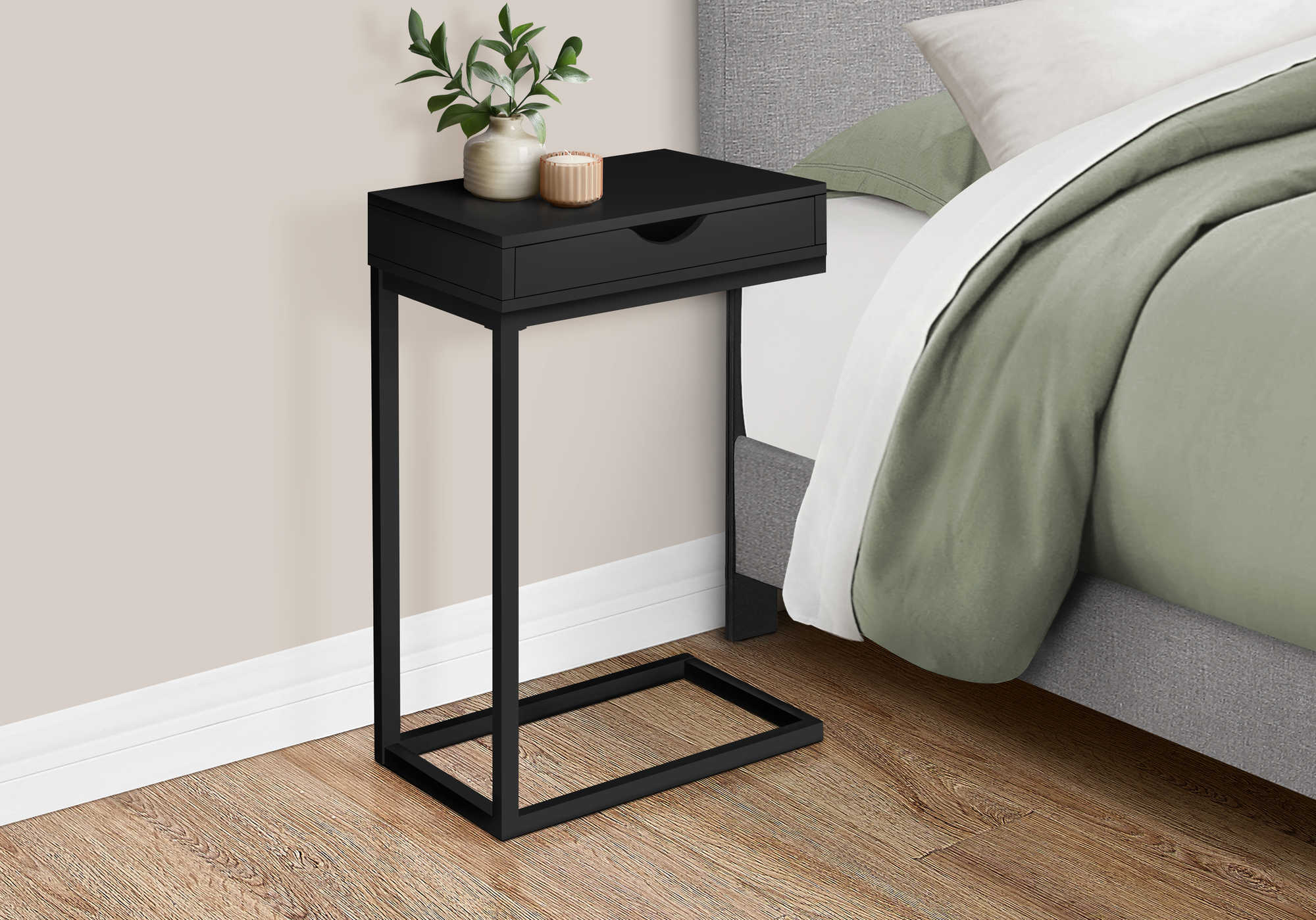 NIGHTSTAND - BLACK / BLACK METAL WITH A DRAWER