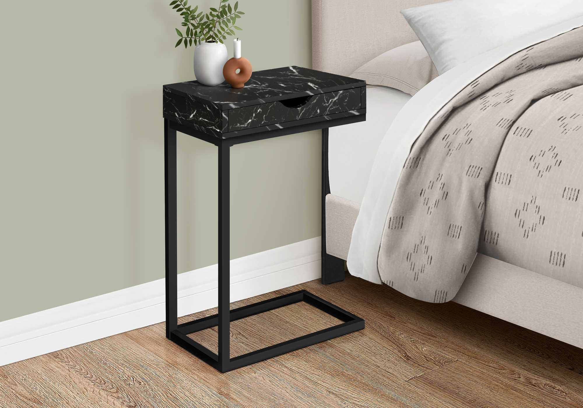 NIGHTSTAND - BLACK MARBLE / BLACK METAL WITH A DRAWER