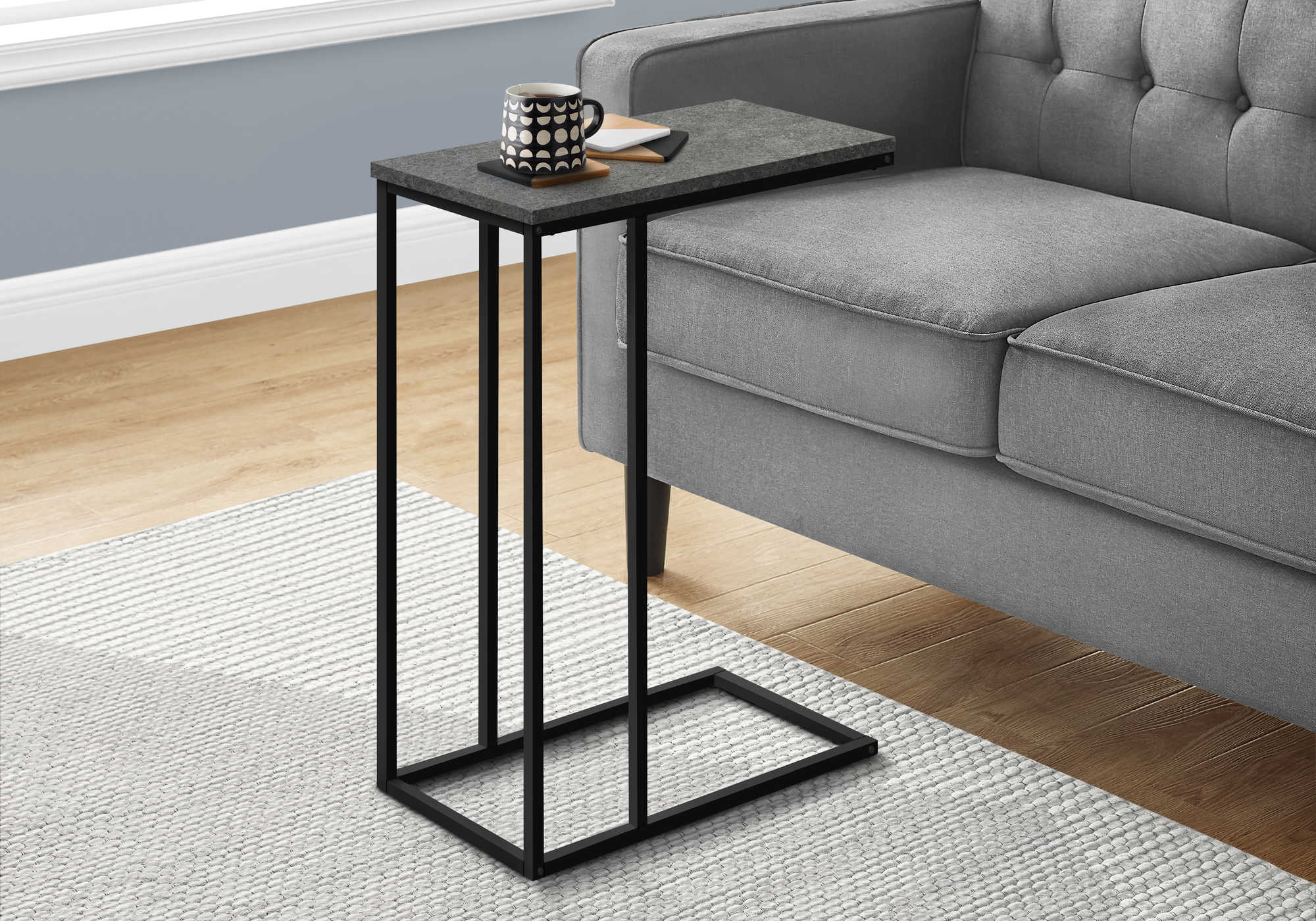 ACCENT TABLE - 25"H / GREY STONE-LOOK / BLACK METAL