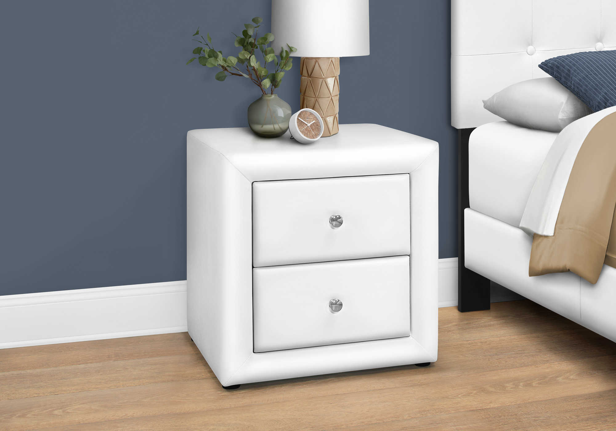 BEDROOM NIGHTSTAND - 21"H / WHITE LEATHER-LOOK 