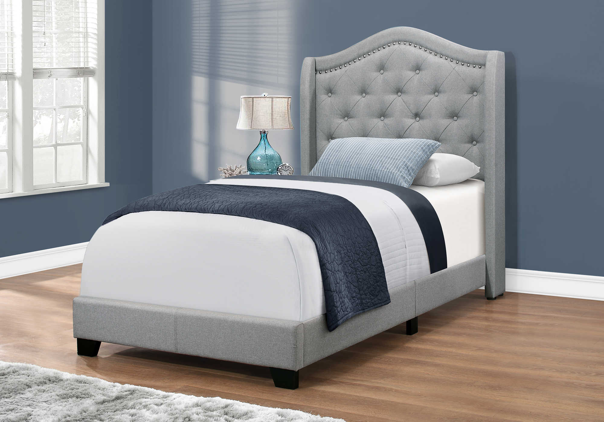 BED - TWIN SIZE / GREY LINEN WITH CHROME TRIM
