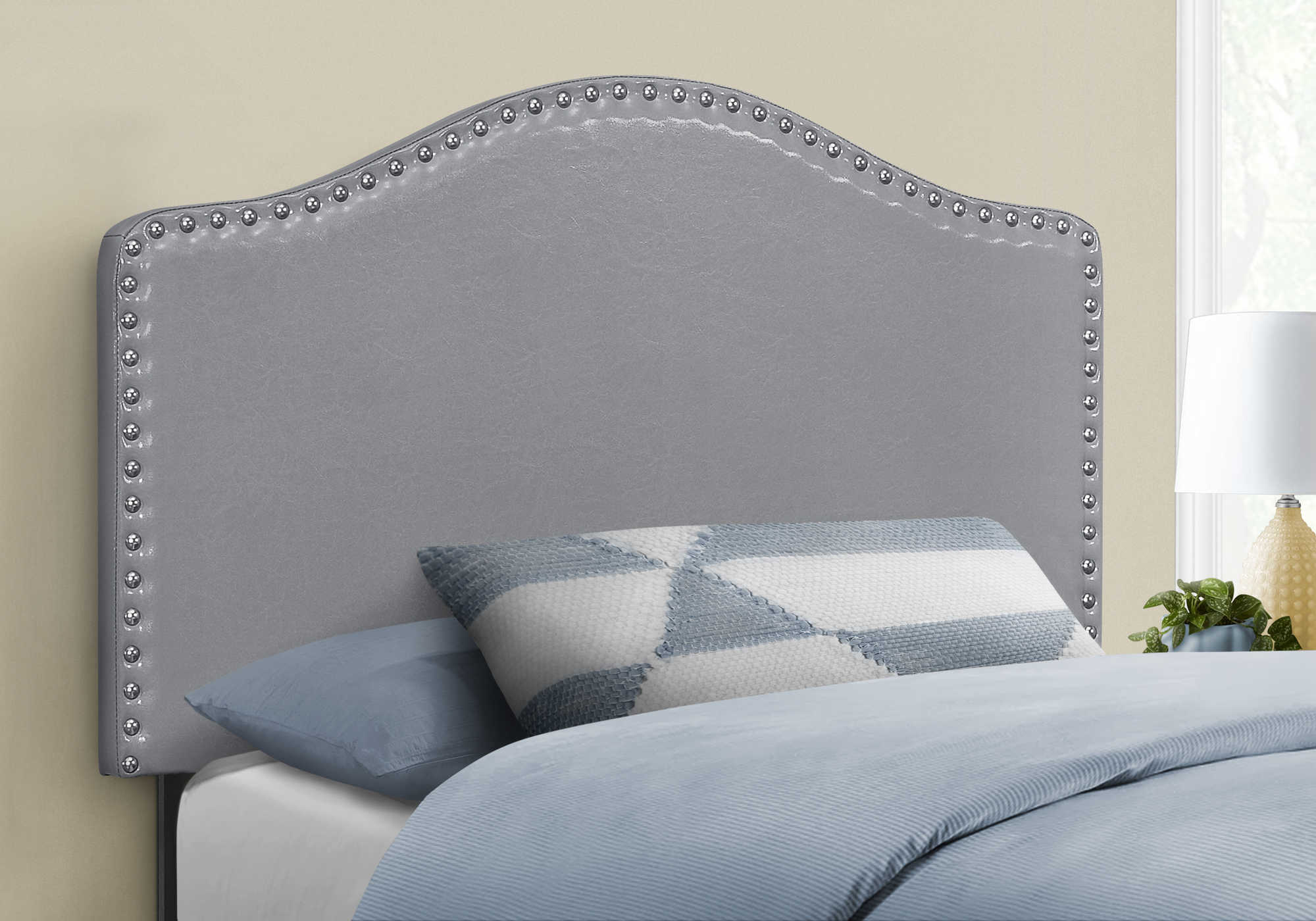 BED - TWIN SIZE / GREY LEATHER-LOOK HEADBOARD ONLY