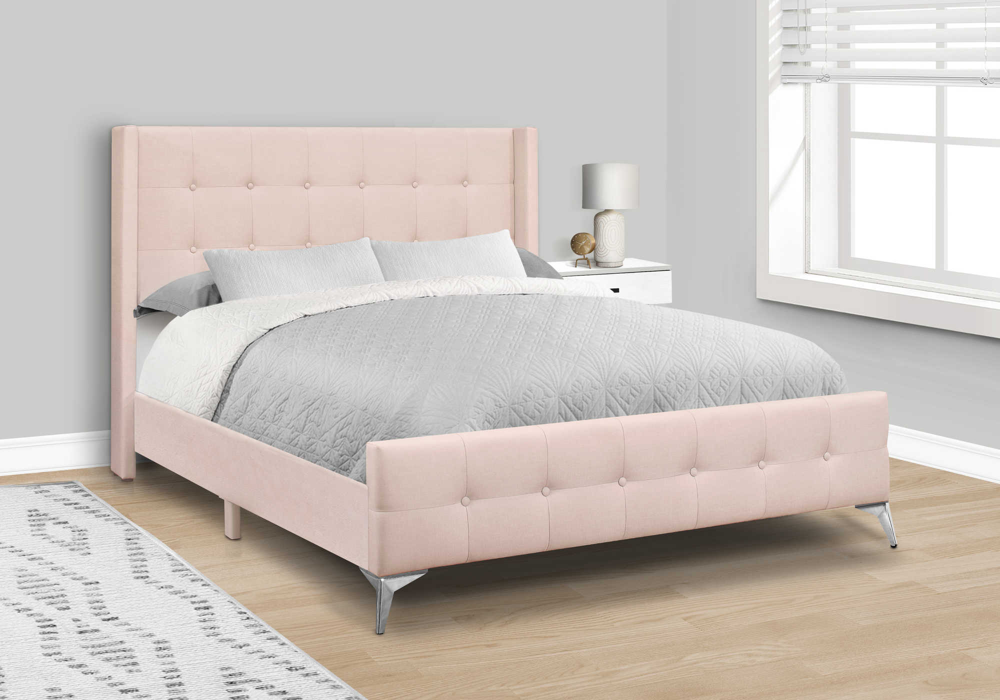 BED - QUEEN SIZE / PINK VELVET WITH CHROME METAL LEGS