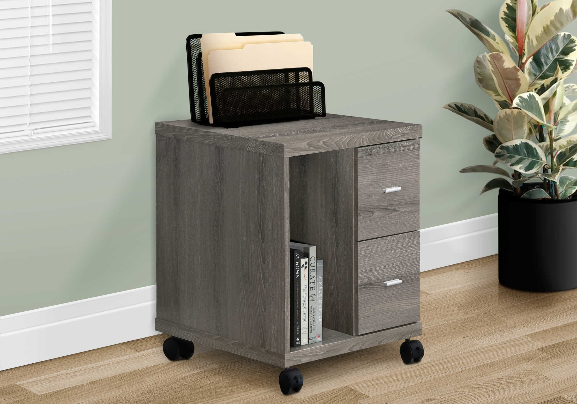 OFFICE CABINET - DARK TAUPE WITH 2 DRAWERS ON CASTORS