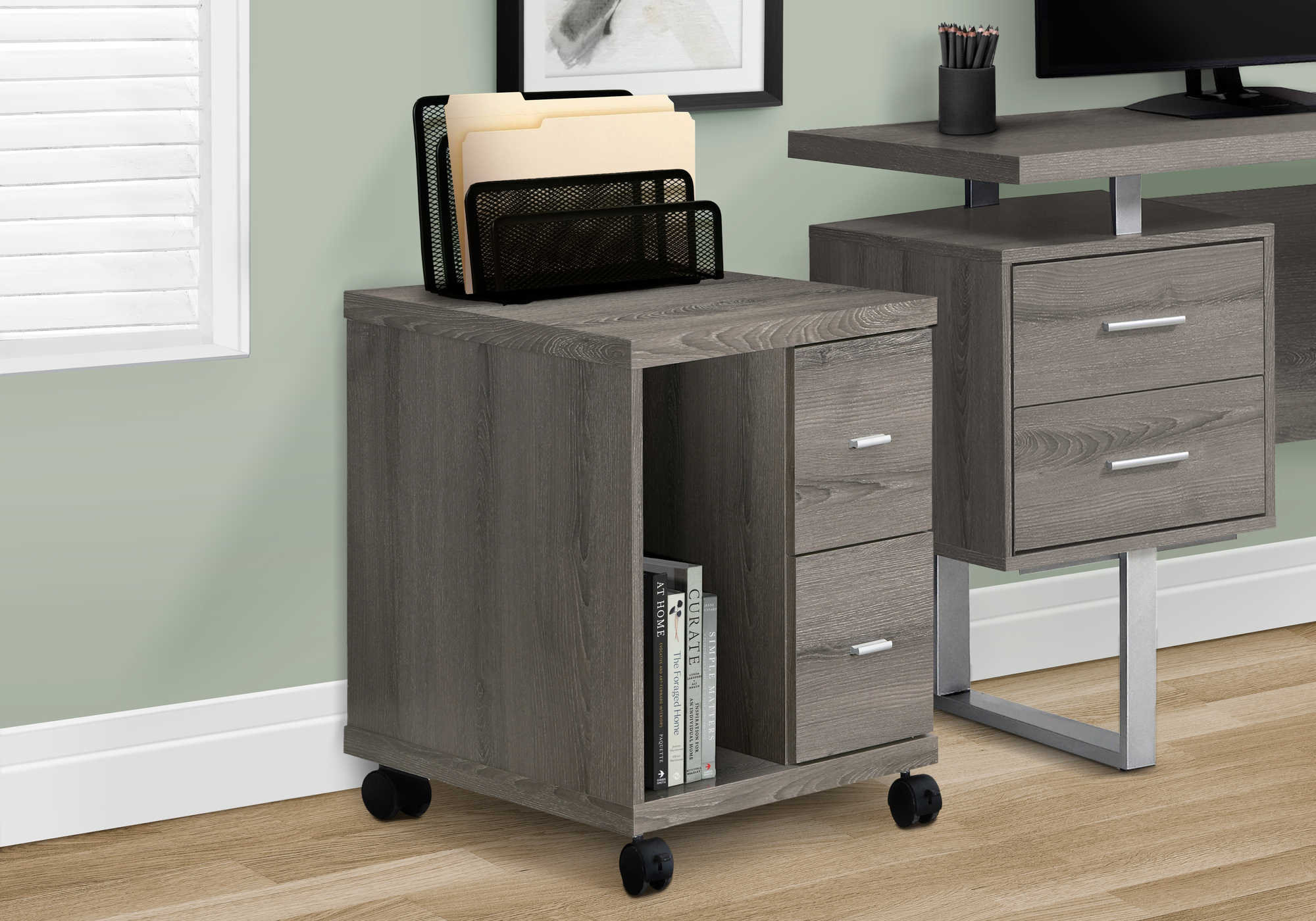 OFFICE CABINET - DARK TAUPE WITH 2 DRAWERS ON CASTORS