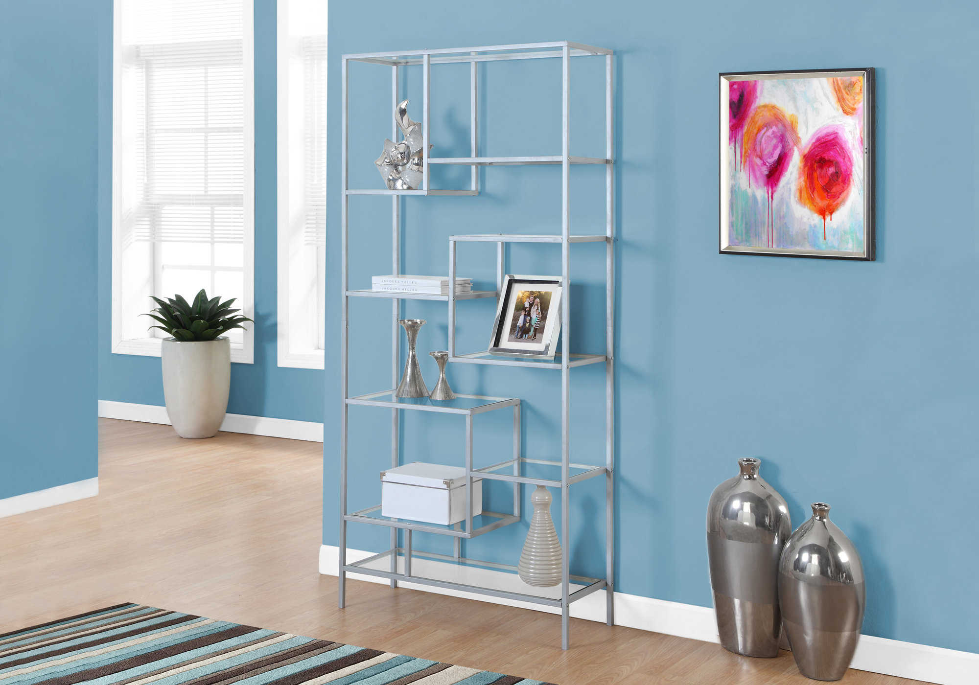 BEDROOM BOOKCASE - 72"H / SILVER METAL WITH TEMPERED GLASS