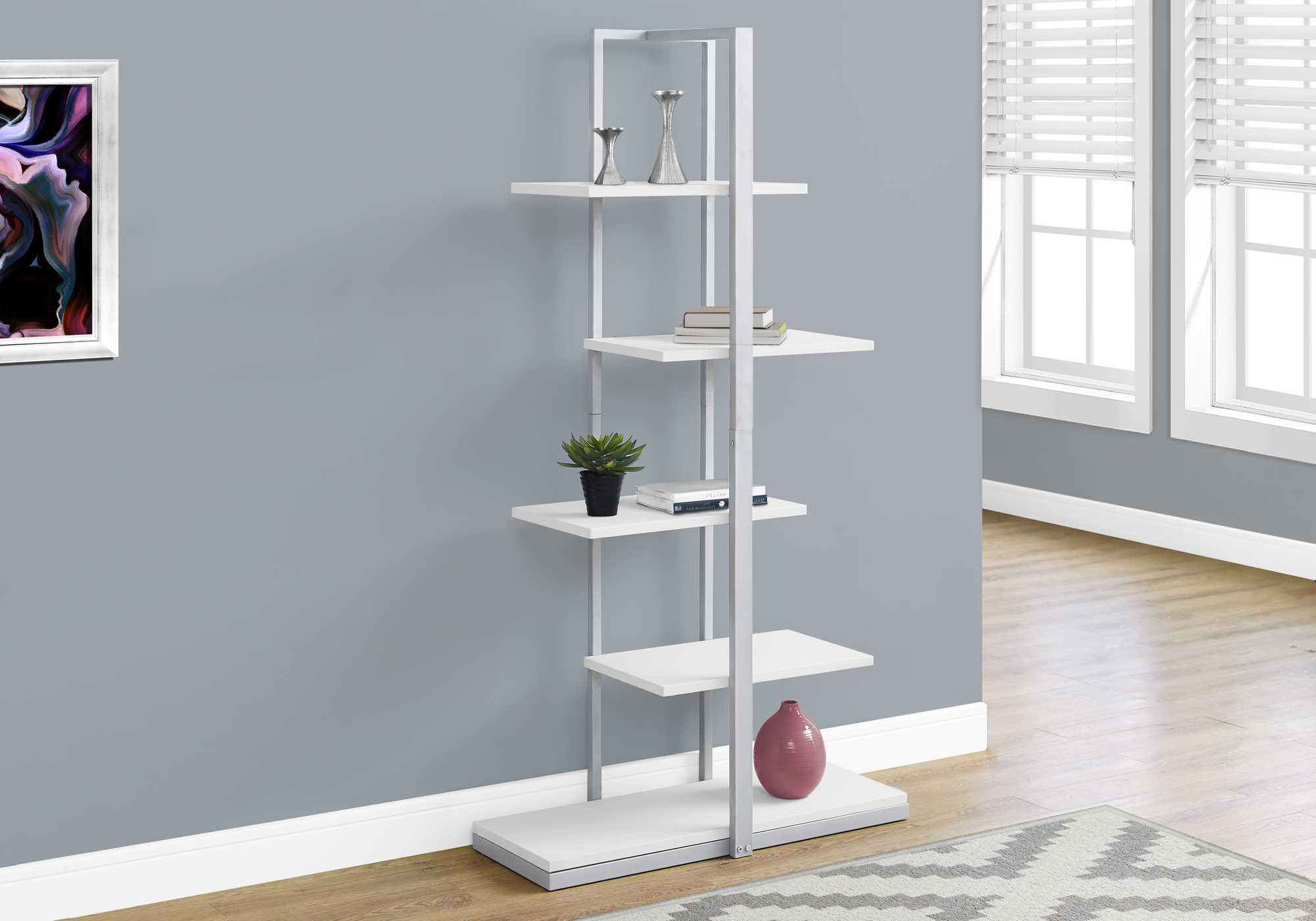 BEDROOM BOOKCASE - 60"H / WHITE / SILVER METAL