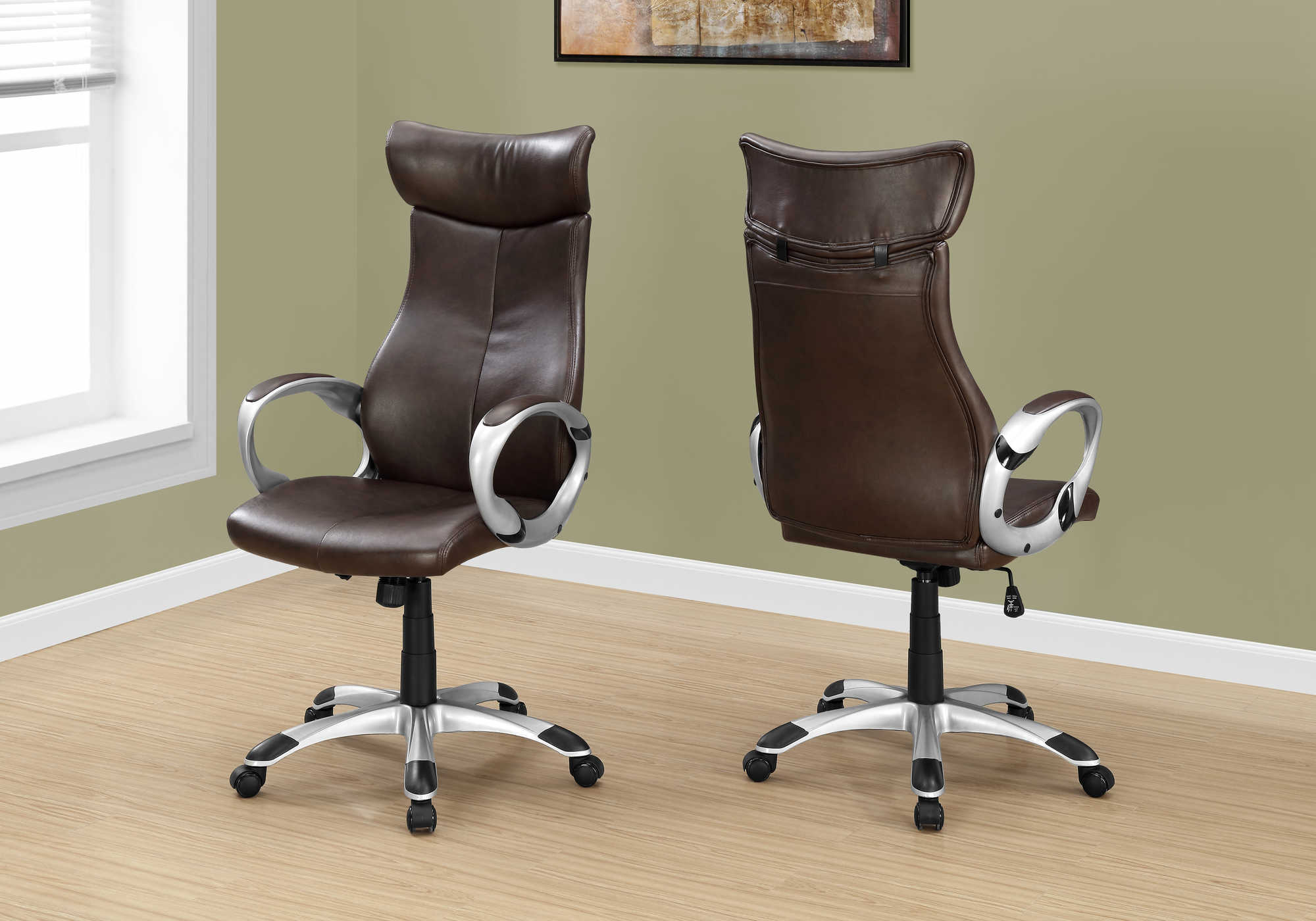 OFFICE CHAIR - BROWN LEATHER-LOOK / HIGH BACK EXECUTIVE