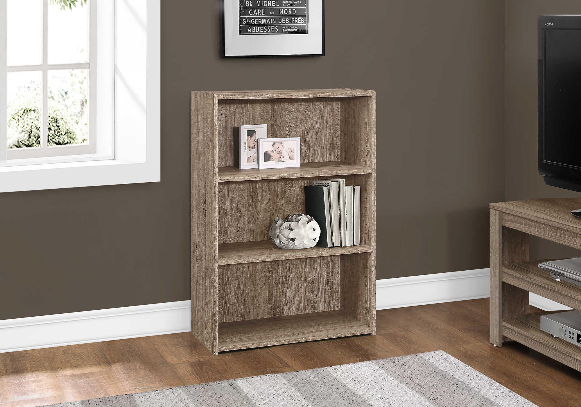 BOOKCASE - 36"H / DARK TAUPE WITH 3 SHELVES