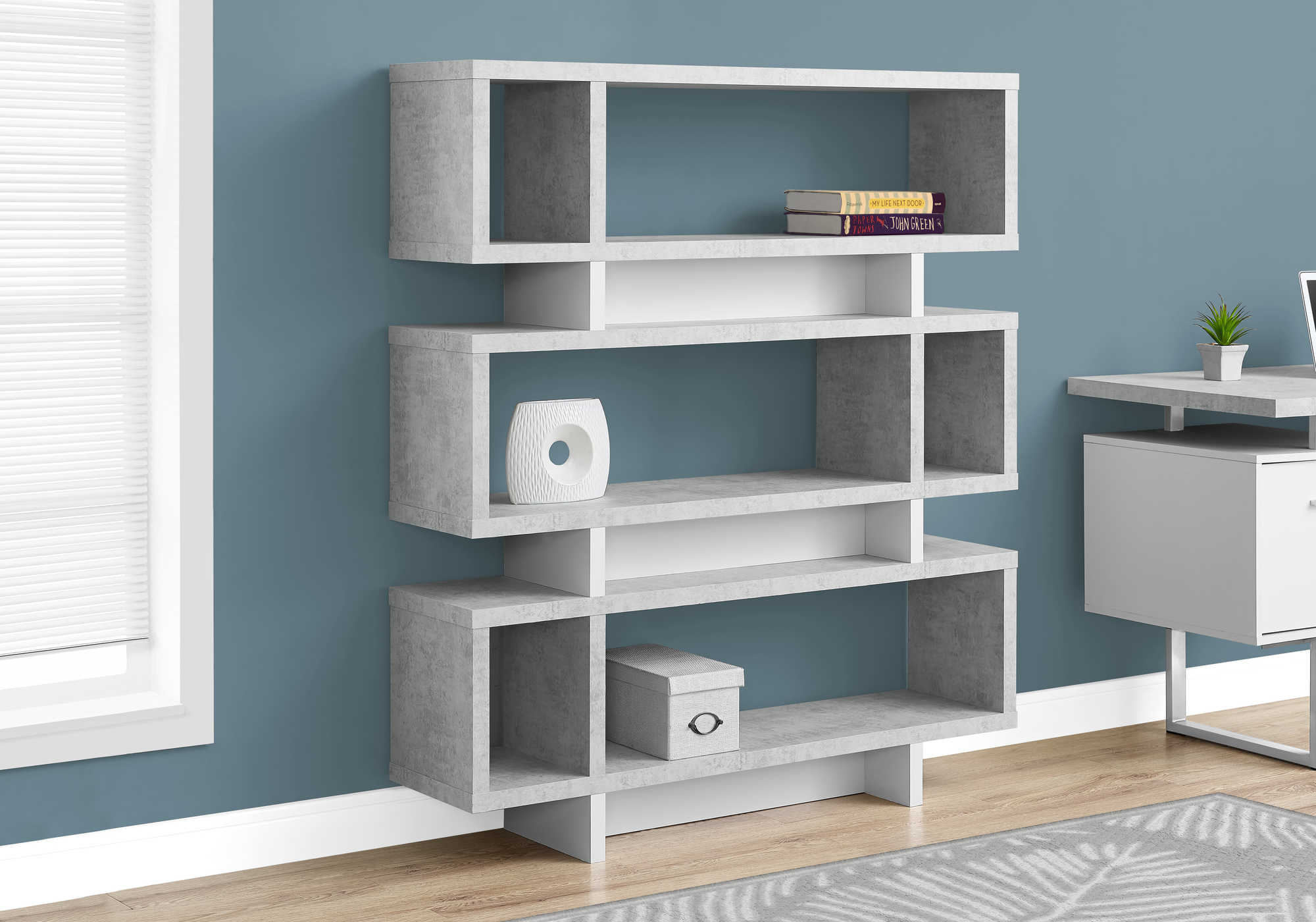 BOOKCASE - 55"H / WHITE / CEMENT-LOOK MODERN STYLE