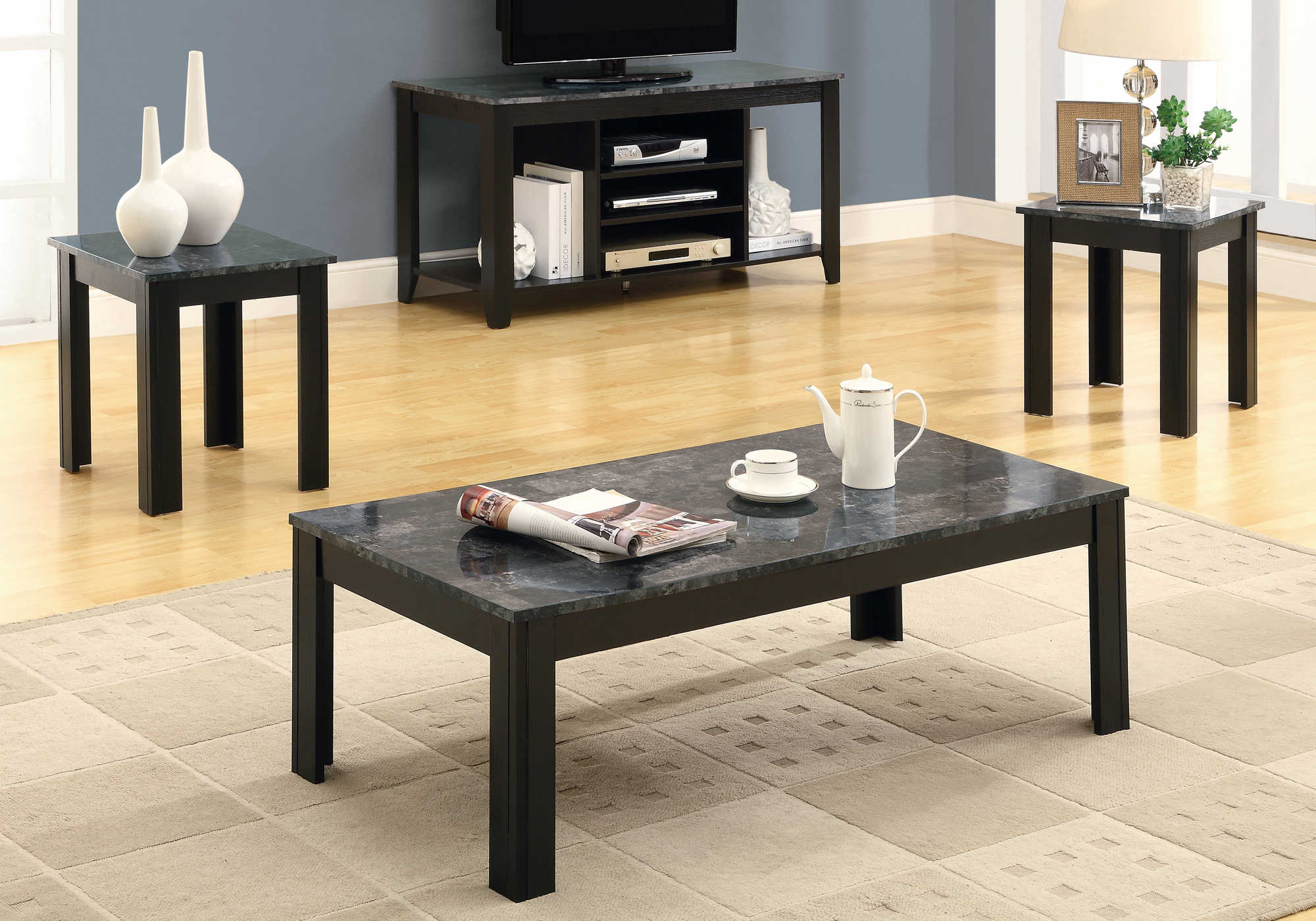 TABLE SET - 3PCS SET / BLACK / GREY MARBLE-LOOK TOP