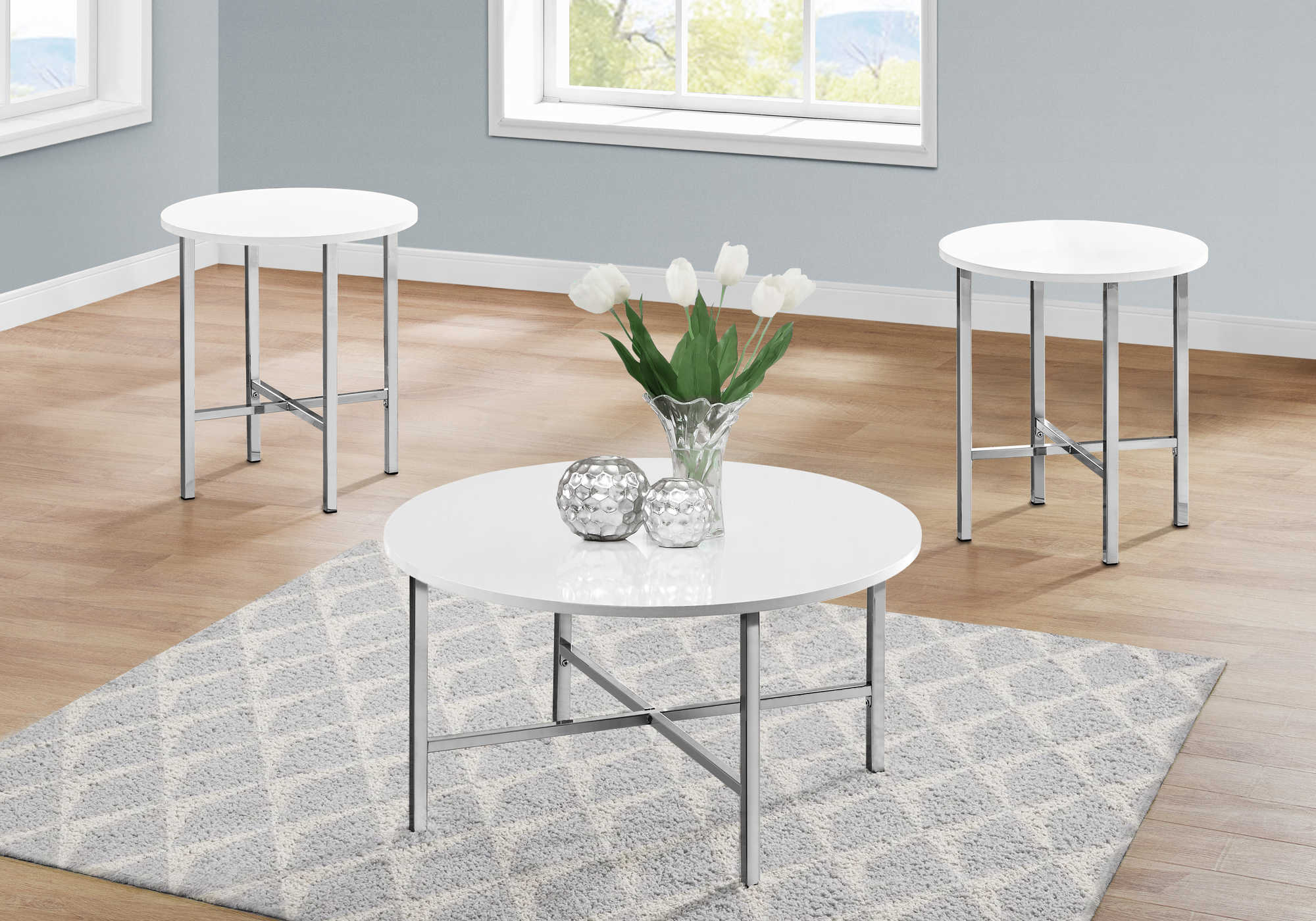 TABLE SET - 3PCS SET / GLOSSY WHITE / CHROME METAL