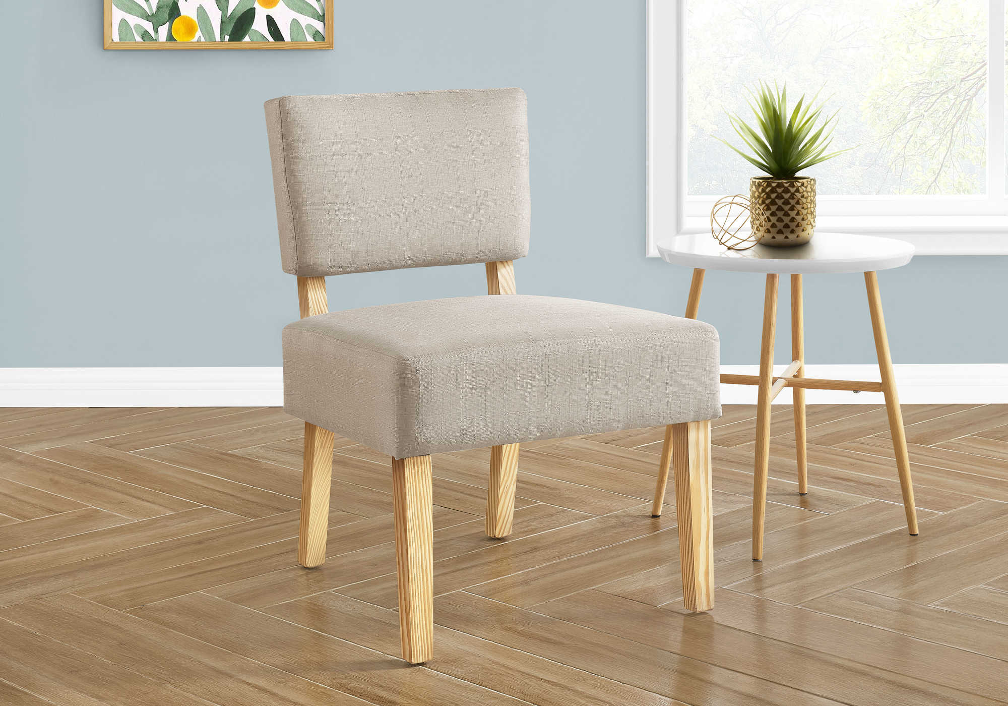 ACCENT CHAIR - TAUPE FABRIC / NATURAL WOOD LEGS