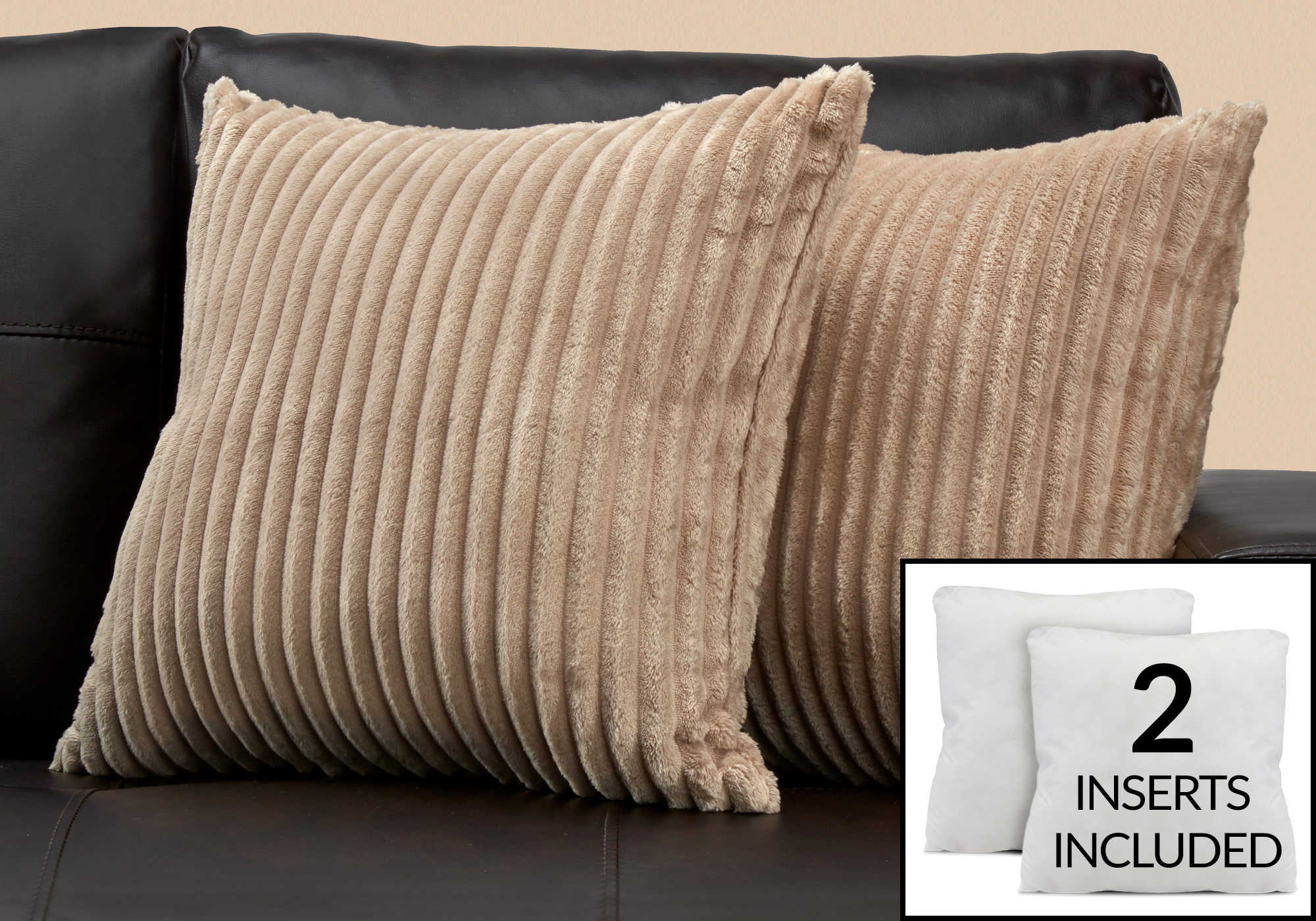 PILLOW - 18"X 18" / BEIGE ULTRA SOFT RIBBED STYLE / 2PCS 