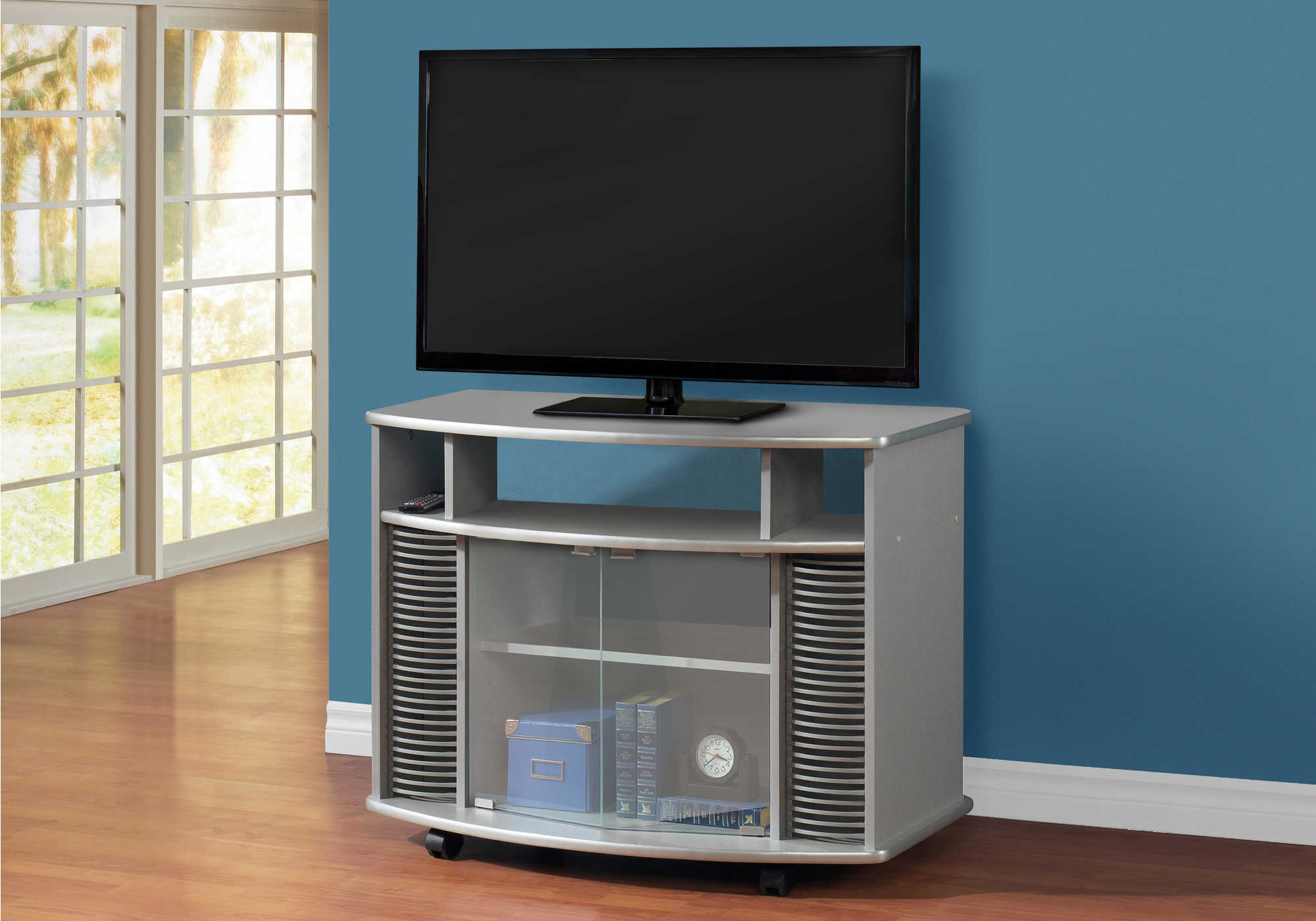 TV STAND - SILVER / CORNER WITH GLASS DOORS 